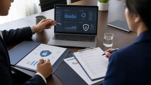 Independent cybersecurity audit discussion with security dashboard and checklist