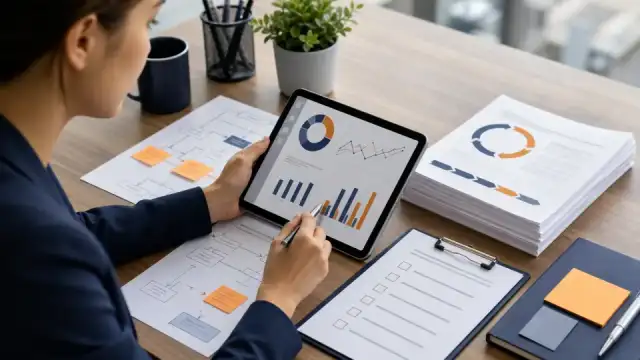 Quality management process review with tablet charts and process documents